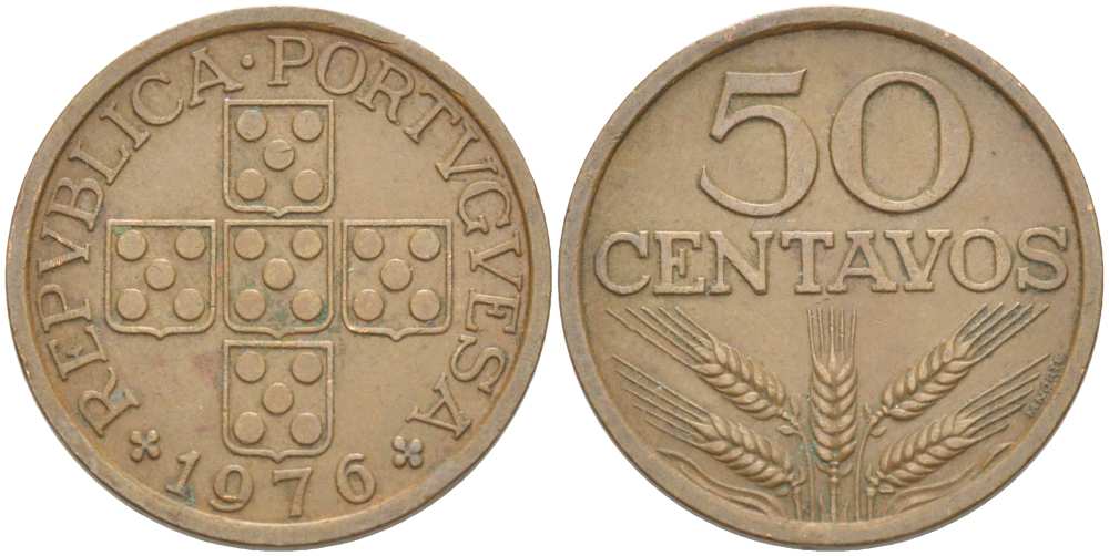 ПОРТУГАЛИЯ 50 СЕНТАВО 1976 KM 596 бронза 4513-1232