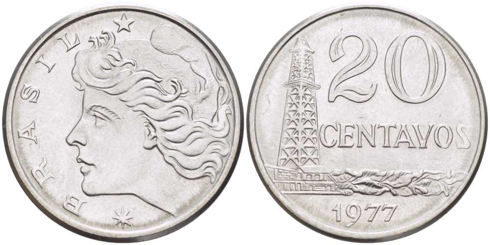 Бразилия 20 сентаво 1977 голова свободы влево KM 579.1a, Schon 84b нержавеющая сталь 4514-1046