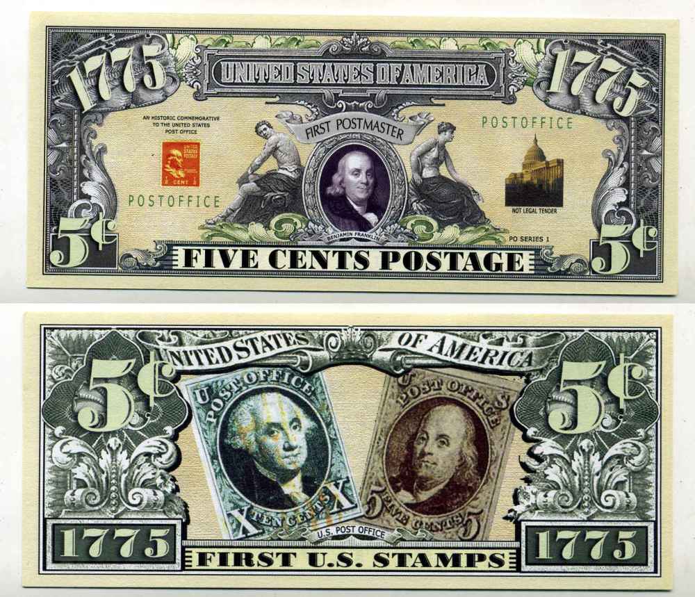 США 5 ПОЧТОВЫХ ЦЕНТОВ ND СУВЕНИРНАЯ БАНКНОТА, ПЕРВЫЙ ПОЧТМЕЙСТЕР АМЕРИКИ, ПЕРВОЕ ПОЧТОВОЕ ОТДЕЛЕНИЕ 1775 ГОД бумага UNC (ПРЕСС) 8588-28-3-2