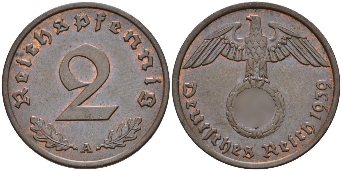 Германия 2 рейхспфеннига 1939 A KM 90, J. 362 бронза 4151-124