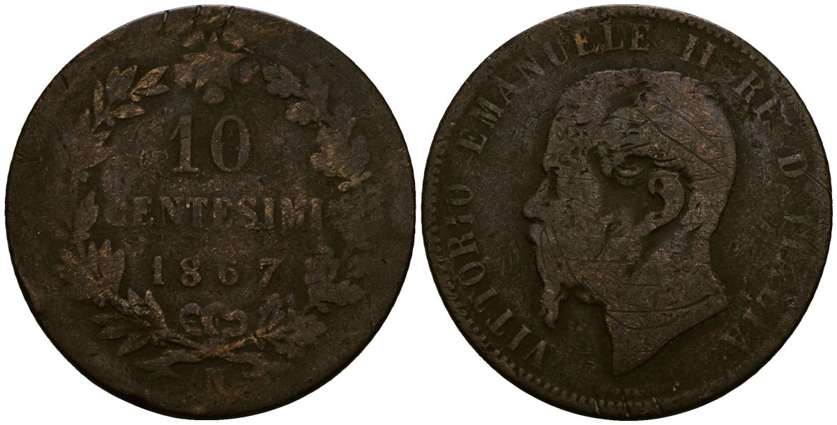 Италия 10 чентезимо 1867 N, Виктор Эммануил II (1861-1878) KM 11.4 медь 4168-946