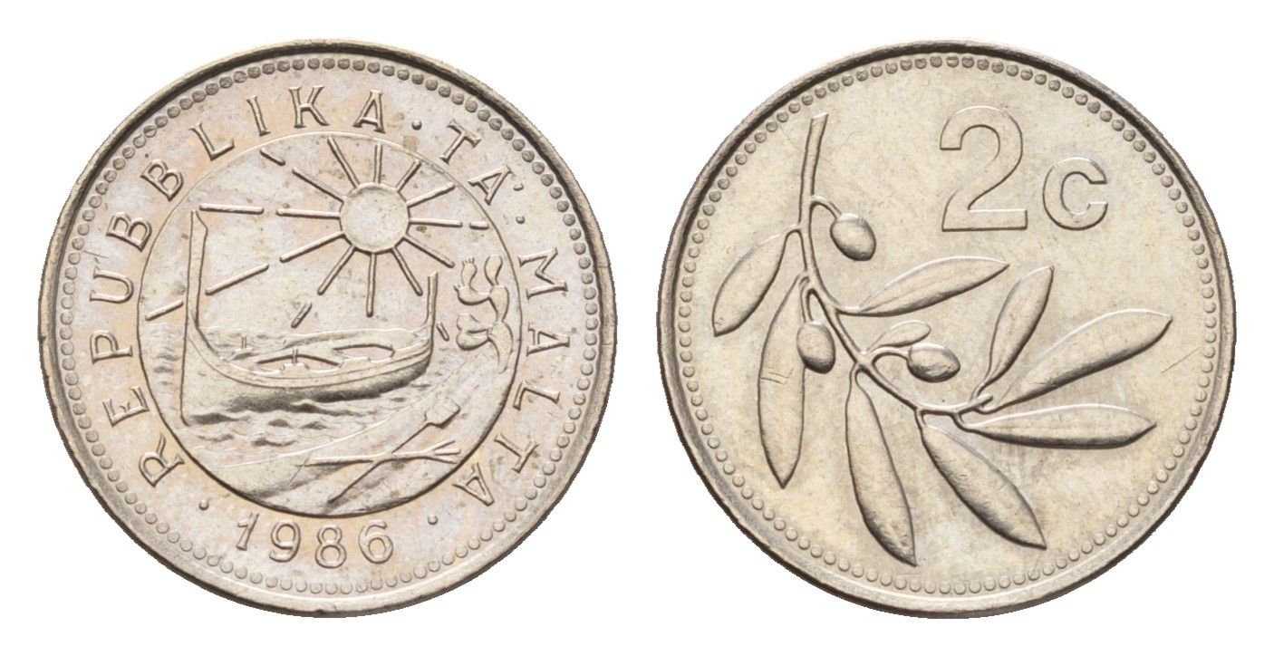 Мальта 2 цента 1986 год-тип, оливковая ветвь KM 79 медно-никель UNC 39-367