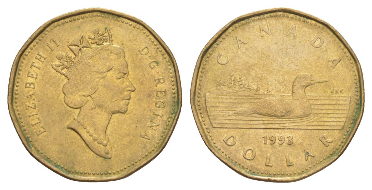 Канада 1 доллар 1993 Елизавета II (1952-2022), утка KM 186 никель плакированный позолоченной бронзой 4631-756