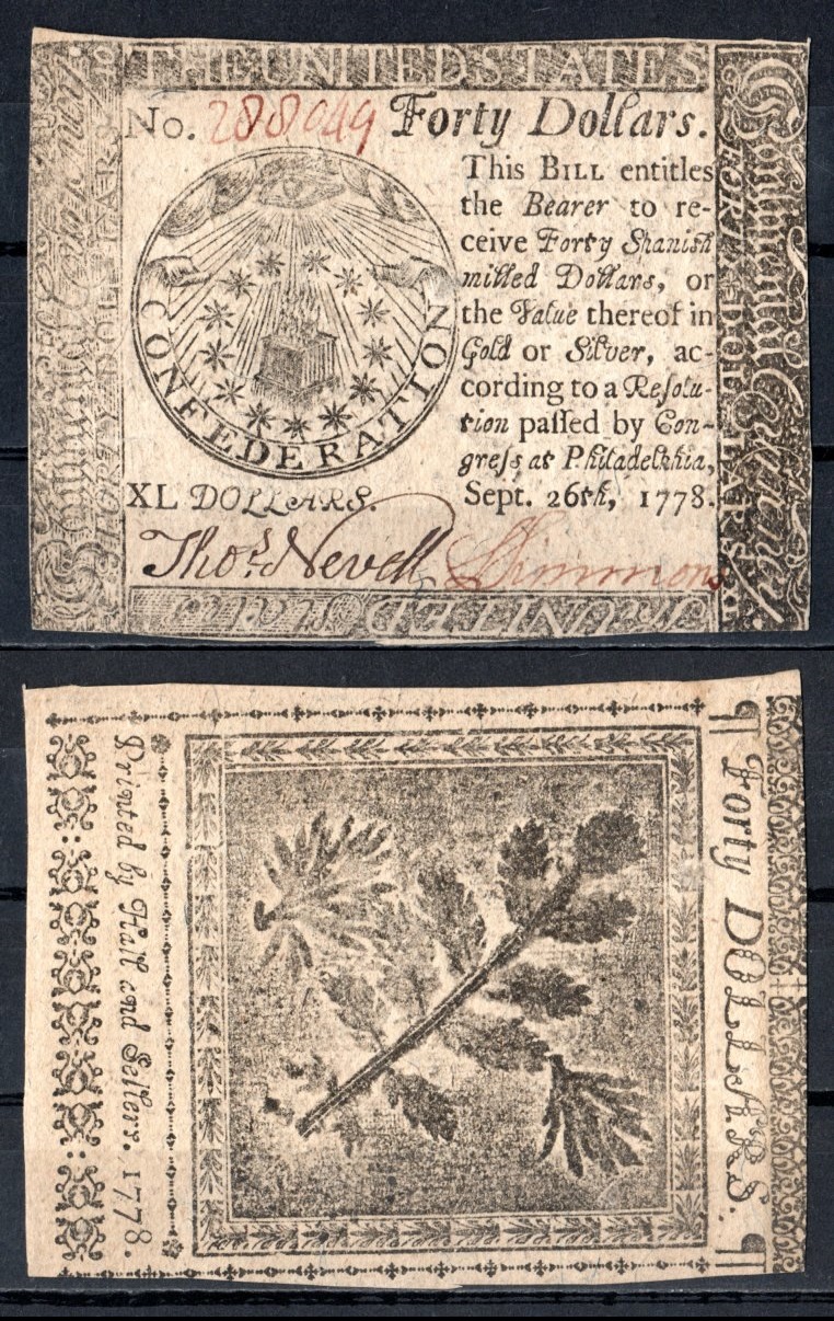 США, Континентальный доллар (Continental Currency) 40 долларов 26 сентября 1778 г. № 288049. Эмблема лучей всевидящего ока, сияющего на 13 звездах, окружающих пламя, морковный лист Friedberg № СС-84. Pick S178 бумага 451-1026-3