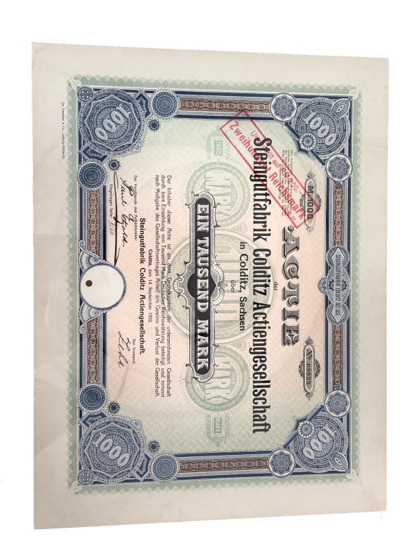 Германия акция в 1000 марок 1922 Фаянсовая фабрика Кольдиц АО в Кольдице, Саксония, Steingutfabrik Colditz AG in Colditz, Sachsen бумага 5555-17