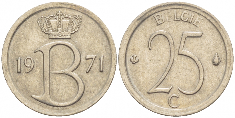 Бельгия 25 сантимов 1971 Belgie, Бодуэн I (1951-1993 KM 154.1 медно-никель 4528-133