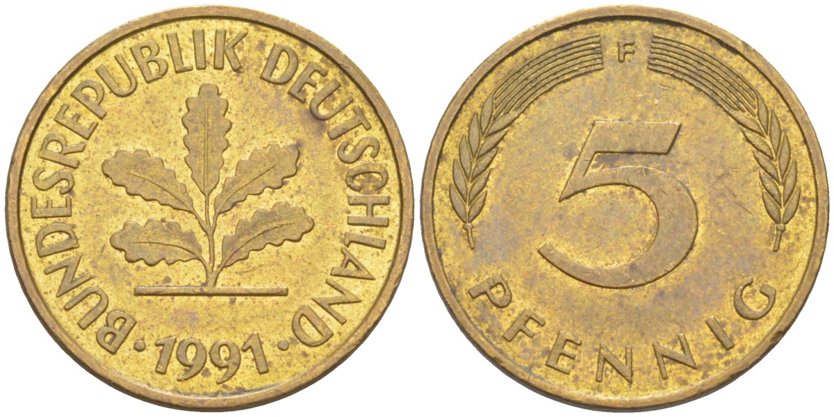 ФРГ 5 пфеннигов 1991 F KM 107, J. 382 сталь плакированная латунью 187-553