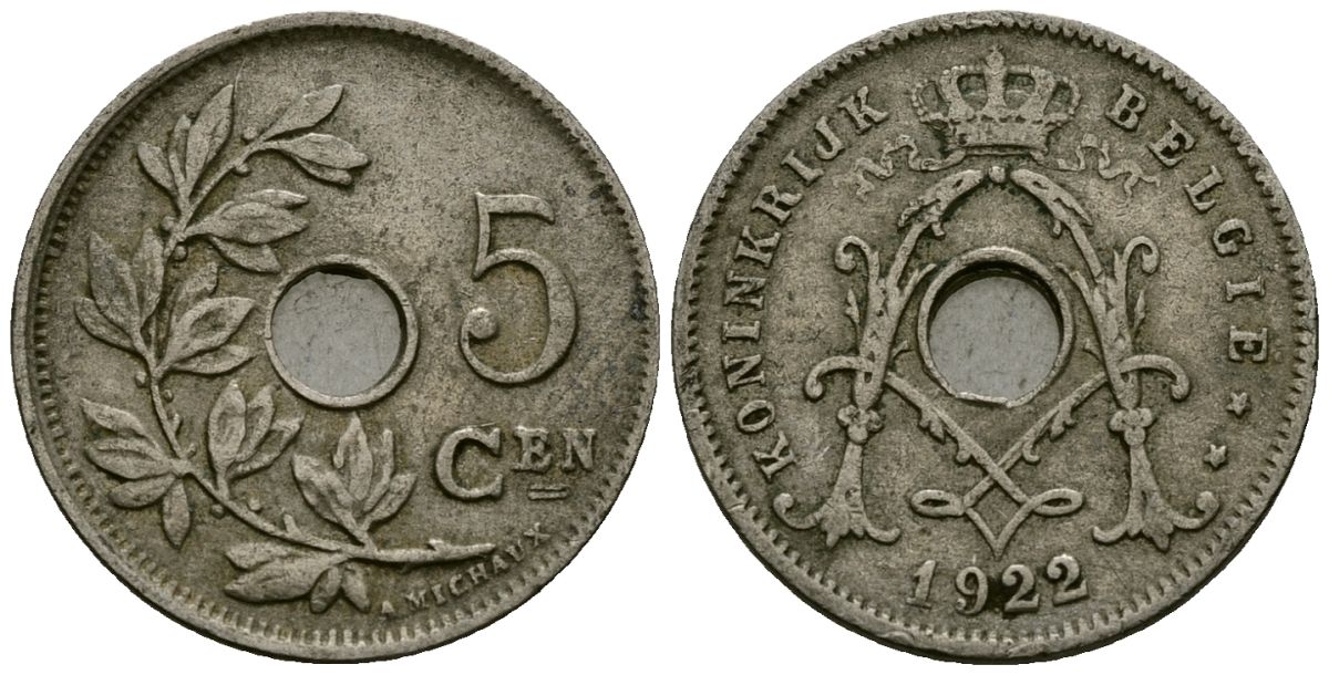 Бельгия 5 сантимов 1922 Belgie KM 67 медно-никель 4173-244