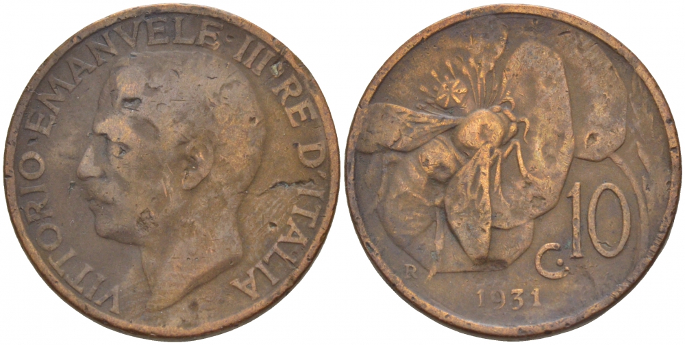 ИТАЛИЯ 10 ЧЕНТЕЗИМО 1931 R, ВИКТОРИО ИМАНУИЛ, ПЧЕЛА KM 60 медь 4544-1114