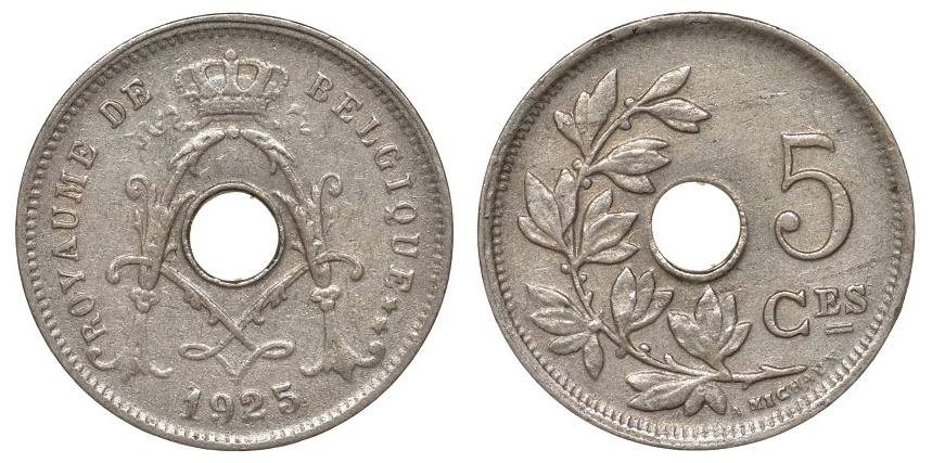 Бельгия 5 сантимов 1925 KM 66 медно-никель 4174-151