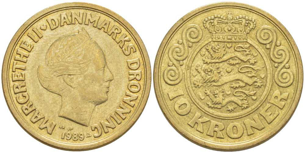 ДАНИЯ 10 КРОН 1989 NR; JP; A, МАРГРЕТЕ II (1972-) KM 867.1 алюминиевая бронза 67-721