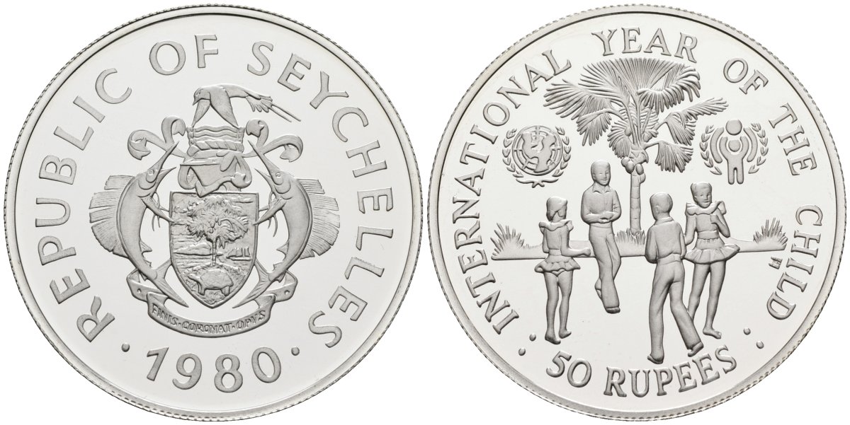 Сейшельские острова 50 рупий 1980 ООН, международный год защиты детей, тираж 10000 экз. KM 42 серебро PROOF 1078-3-53