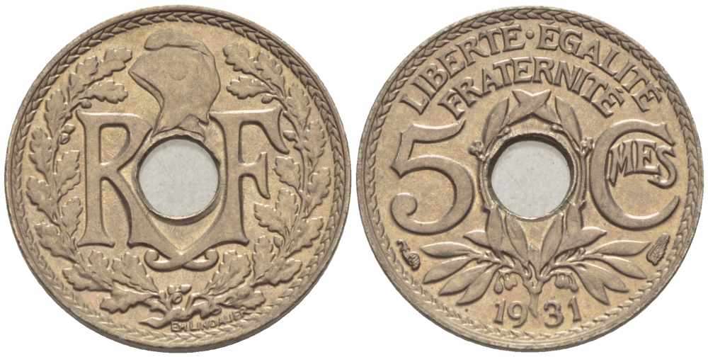 Франция 5 сантимов 1931 тип Линдайё KM 875, Le Franc 122.14 медно-никель 105-361
