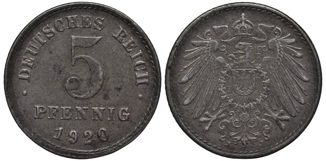 ГЕРМАНИЯ 5 ПФЕННИГОВ 1920 J KM 19, Jager 297, Weege 5 железо 4547-625