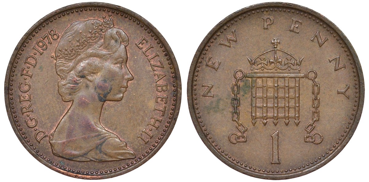 Великобритания 1 пенни 1978 Елизавета II (1952-2022) KM 915, Spink 4237 (B1) бронза 51-2354