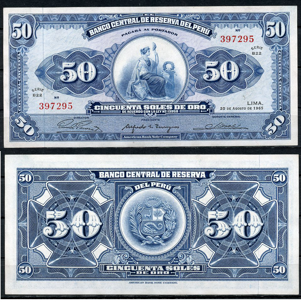 Перу 50 солей 1965 сидящая свобода, American Bank Note Company Pick 89 a  бумага   451-730-3