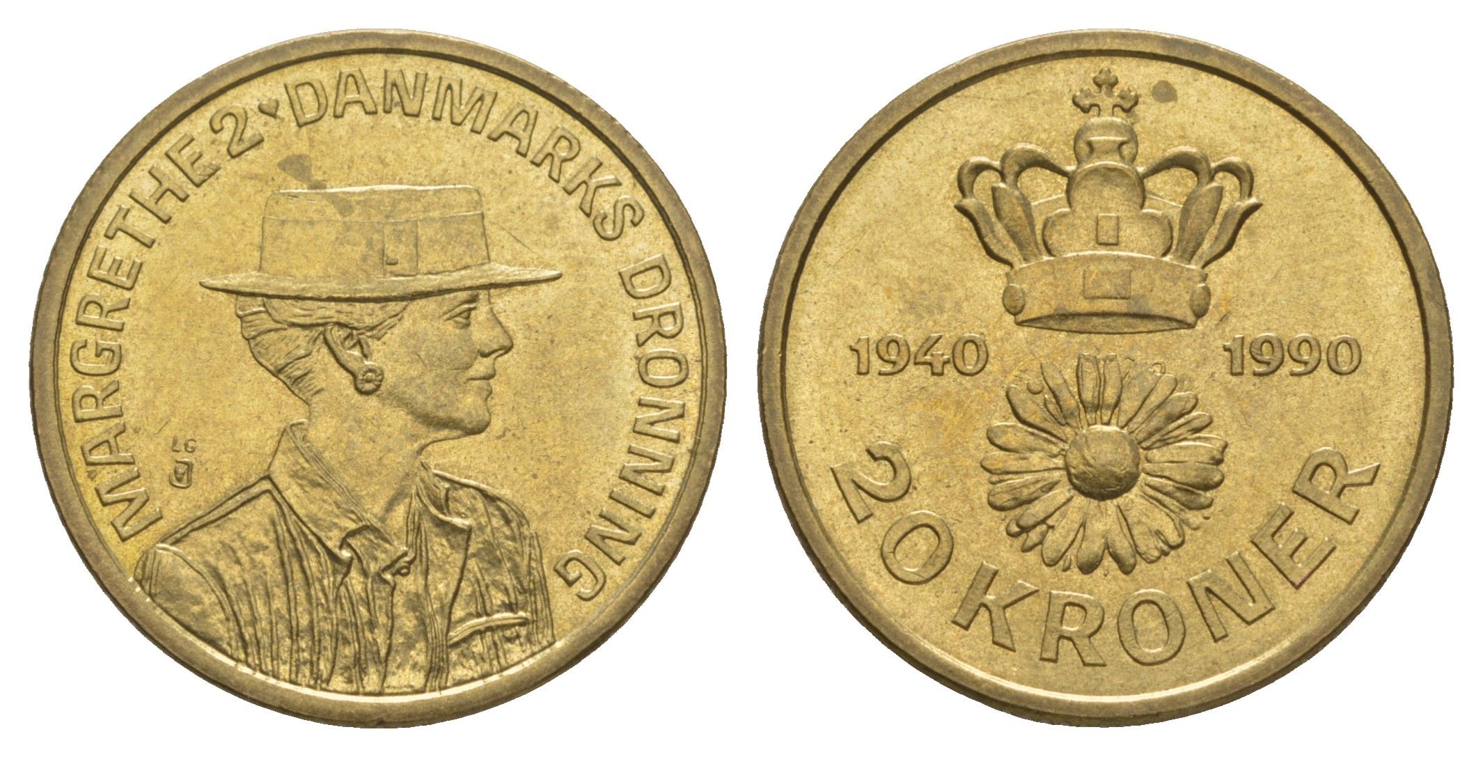 Дания 20 крон 1990 50 лет со дня рождения Королевы Маргрете II KM 870 алюминиевая бронза UNC 4657-1226