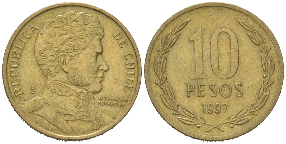 Чили 10 песо 1997 So KM 228 никель латунь 4523-345