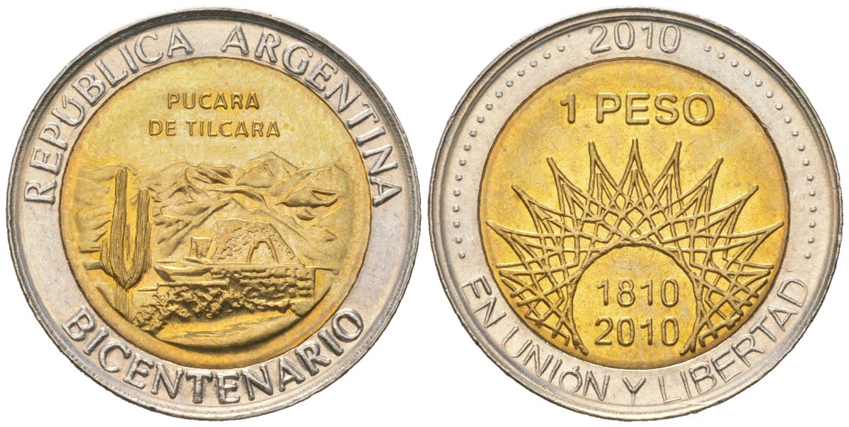 Аргентина 1 песо 2010 200 лет Аргентине - развалины крепости Пукара около г. Тилькара KM 159 биметалл UNC 4620-651