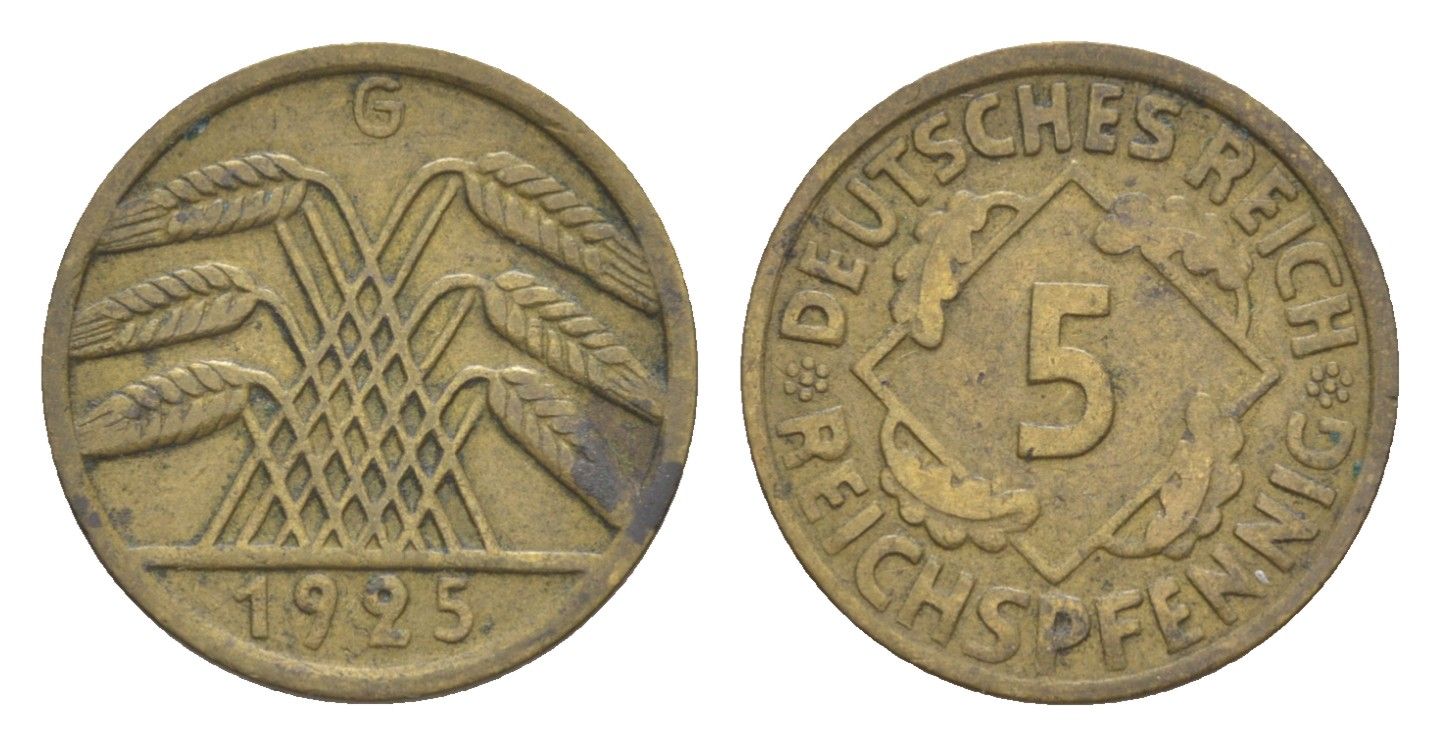 Германия 5 рейхспфеннигов 1925 G KM 39, J. 316 алюминиевая бронза 4636-728