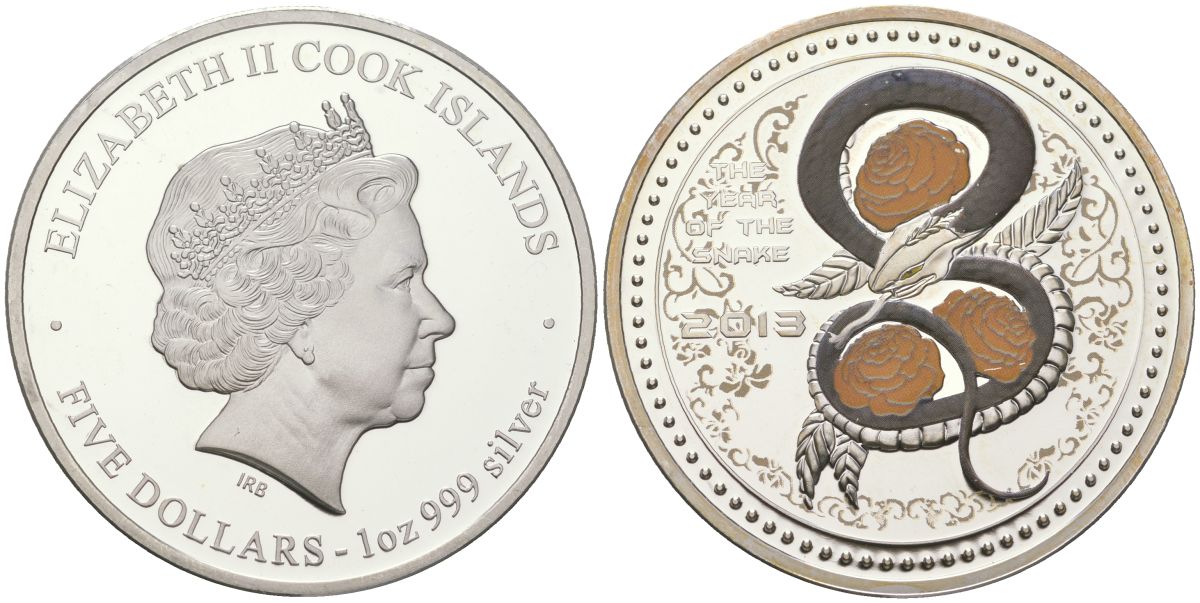 Острова Кука 5 долларов 2013 год змеи, цветная эмаль KM NEW серебро PROOF 1080-4-34