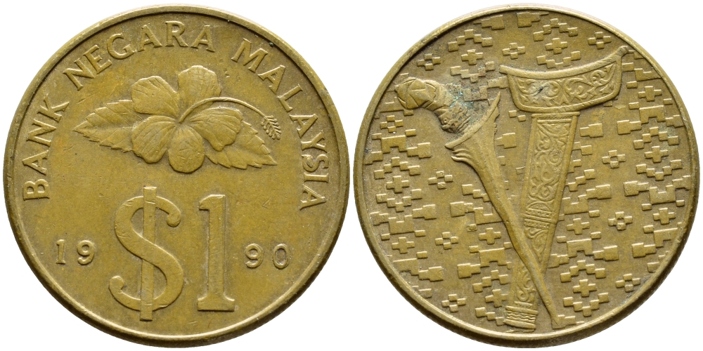 Малайзия 1 ринггит 1990 китайская роза, клинок с ножнами KM 54 алюминиевая бронза 4395-732
