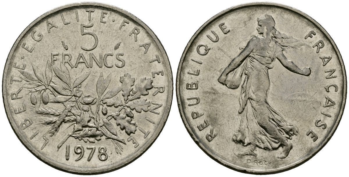 Франция 5 франков 1978 KM 926a медно-никель плакированный никелем 4120-443