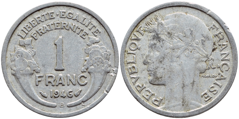 ФРАНЦИЯ 1 ФРАНК 1946 В KM 885а.2 алюминий 4397-653