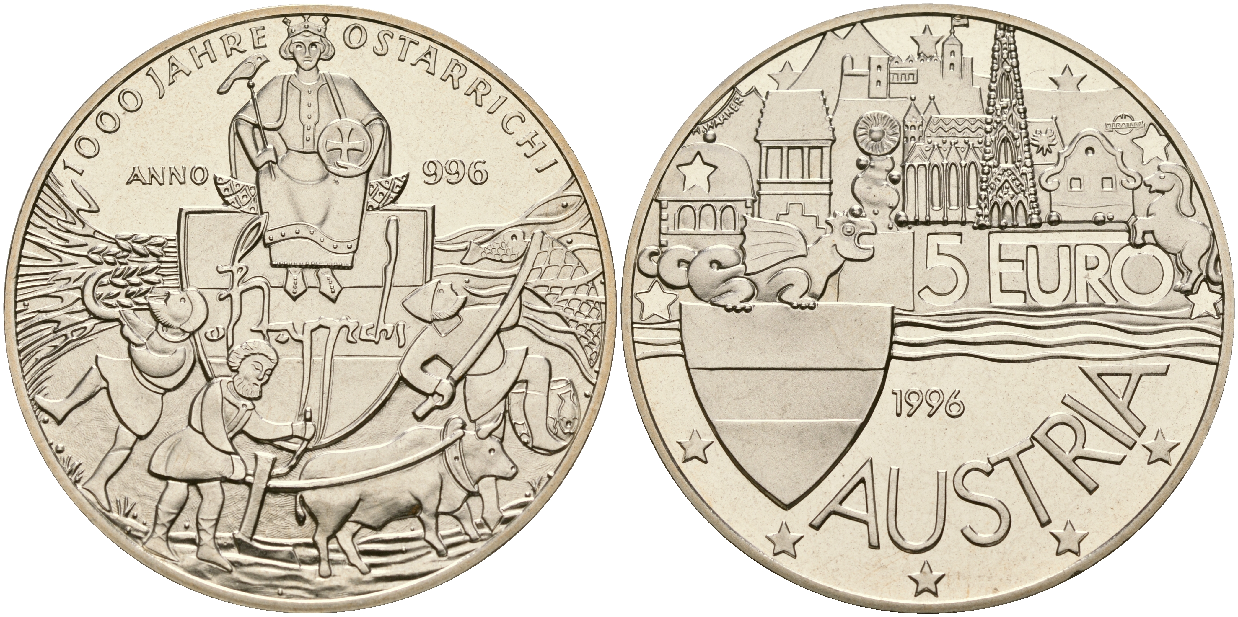 Австрия 5 евро 1996 1000 лет Австрии медно-никель PROOF 1066-2-34