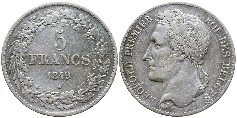 Бельгия 5 франков 1849 Леопольд I (1831-1865), в венке KM 3.2 серебро 74-1033