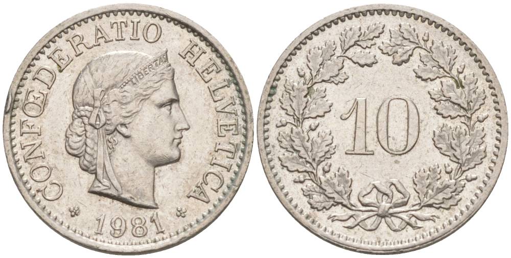 Швейцария 10 раппенов 1981 KM 27 медно-никель 55-515