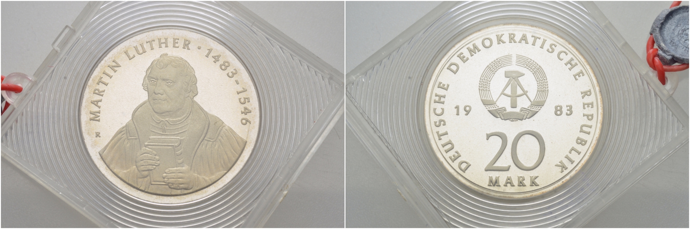 ГДР 20 марок 1983 A, 500 лет со дня рождения Мартина Лютера (1483-1546), в оригинальной коробке с пломбой J.1591, KM 94 серебро PROOF 10-005-82