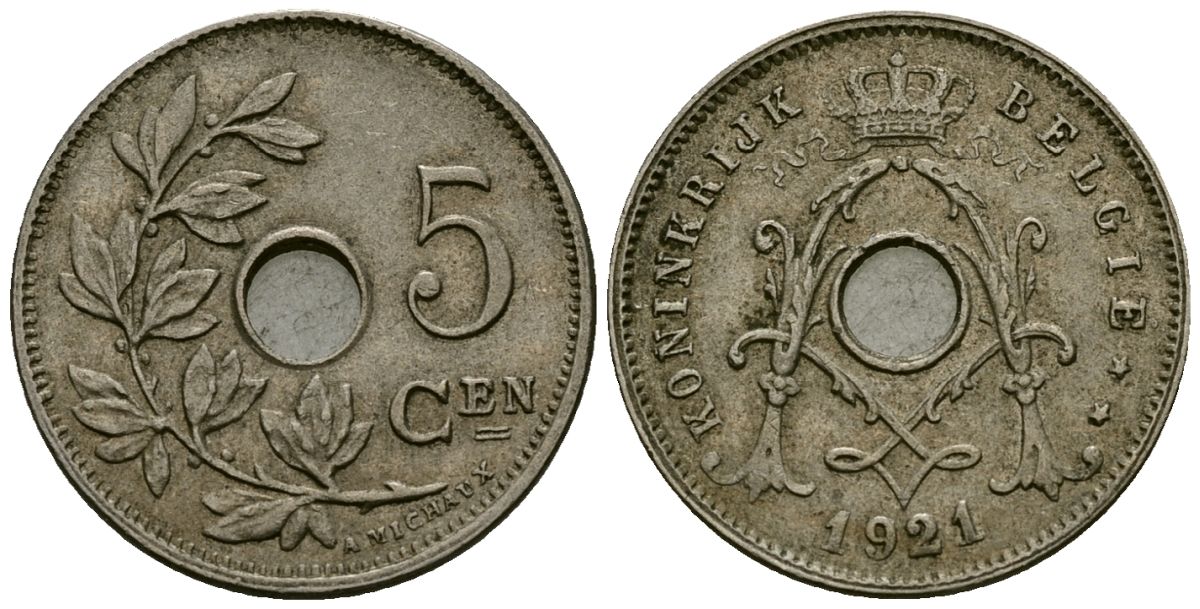 Бельгия 5 сантимов 1921 Belgie KM 67 медно-никель 4173-226
