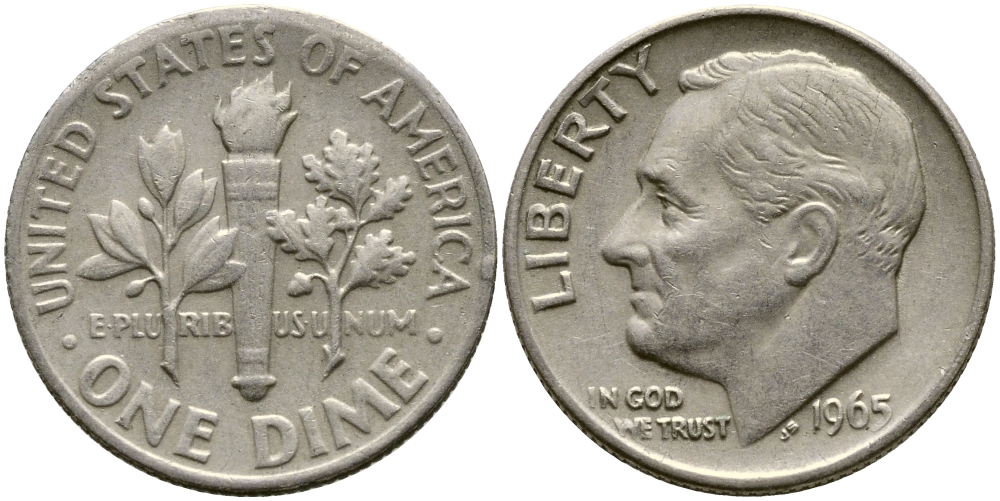 США 10 ЦЕНТОВ = 1 ДАЙМ 1965 РУЗВЕЛЬТ KM 195а медь плакированная медно-никелем 80-711