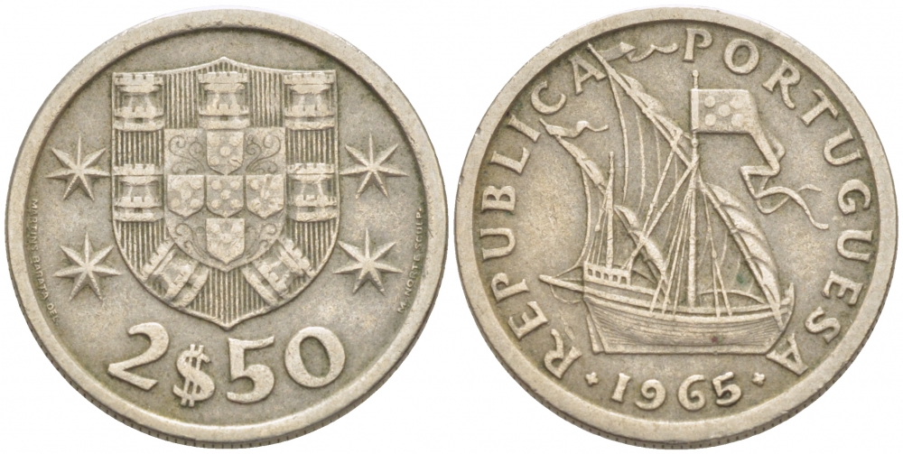 ПОРТУГАЛИЯ 2,5 ЭСКУДО 1968 ПАРУСНИК KM 590 медно-никель 3718-313