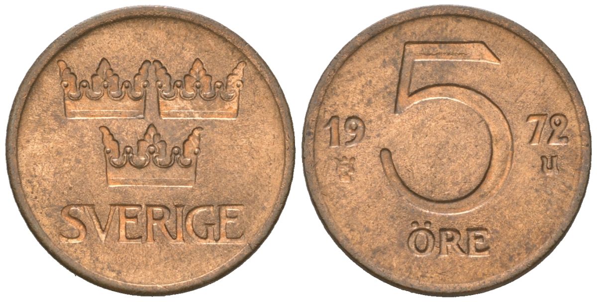 Швеция 5 эре 1972 Густав VI Адольф (1950-1973) KM 845 бронза 4618-115