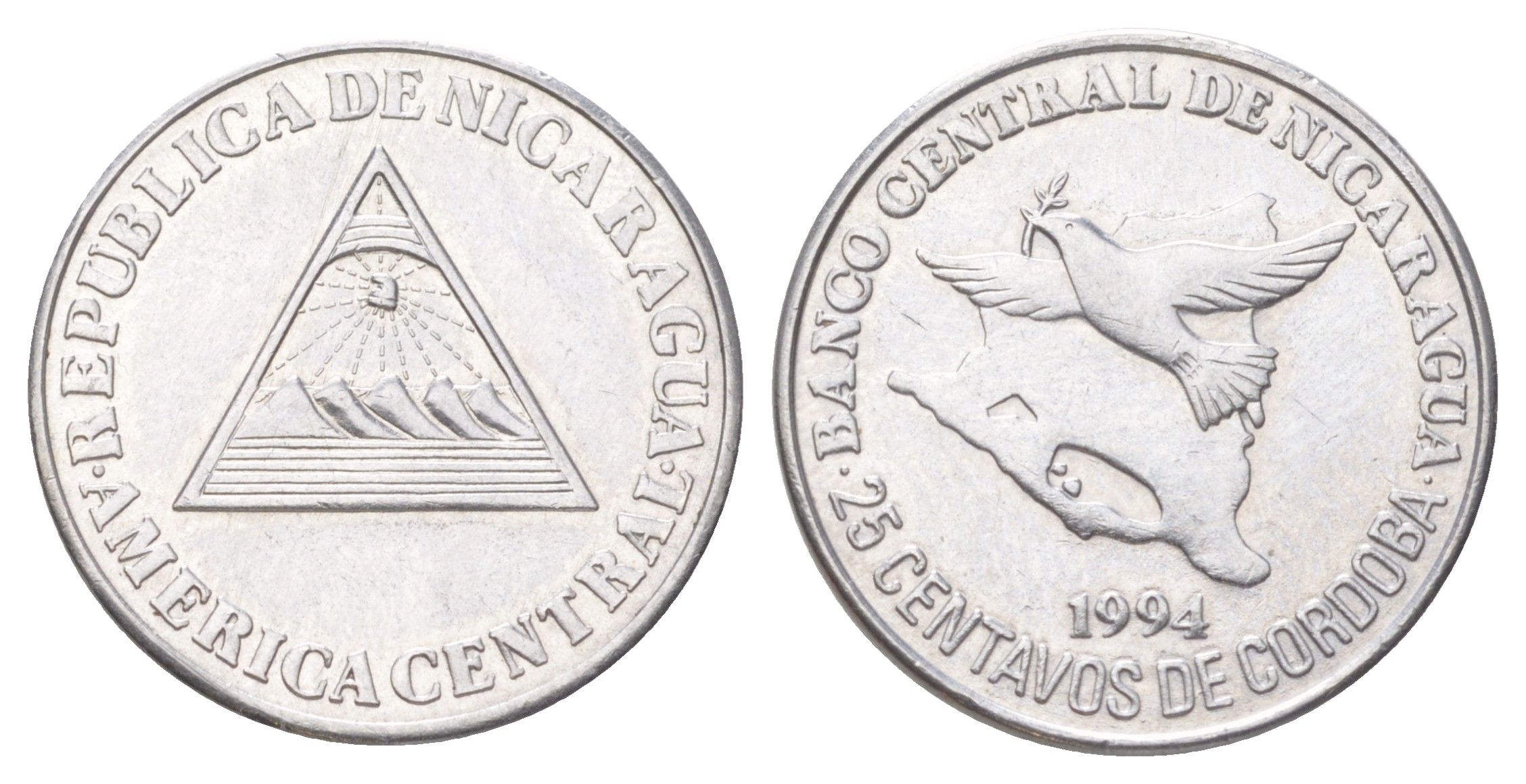 Никарагуа 25 сентаво 1994 голубь мира KM 82 хромированная сталь UNC 4625-221