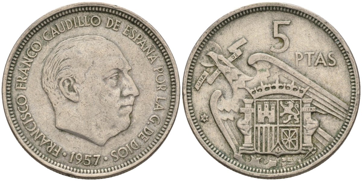 Испания 5 песет 1957 (58) Франсиско Франко (1939 - 1975) KM 786 медно-никель 4155-522