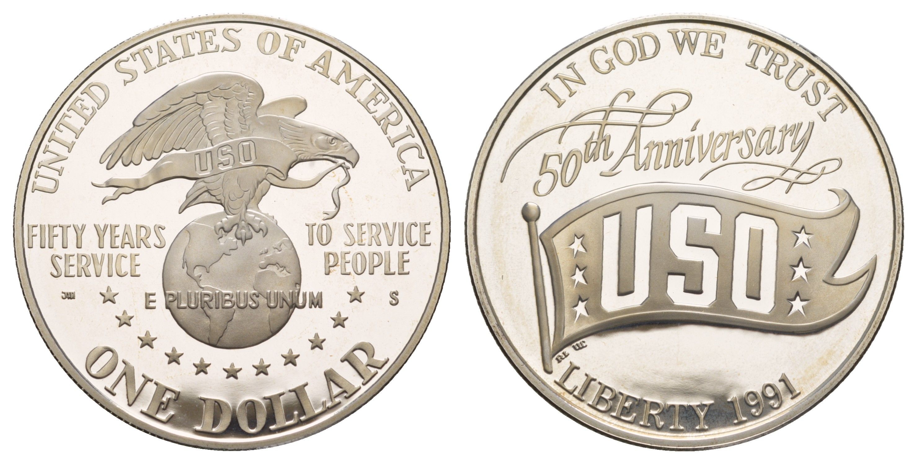США 1 доллар 1991 S, 50 лет объединённым организациям обслуживания KM 232 серебро PROOF 11-255-35