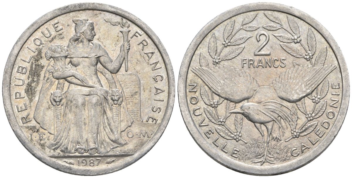 Французская Новая Каледония 2 франка 1987 птица кагу, (IEOM) KM 14, Schoen 11, Lec 64 алюминий    27-1055