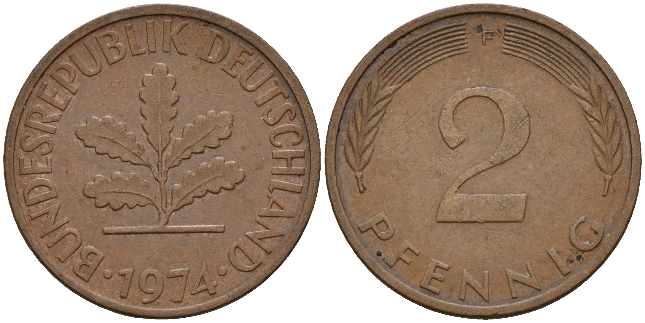 ФРГ 2 пфеннига 1974 F J.381a, KM 106a сталь плакированная медью    4598-821