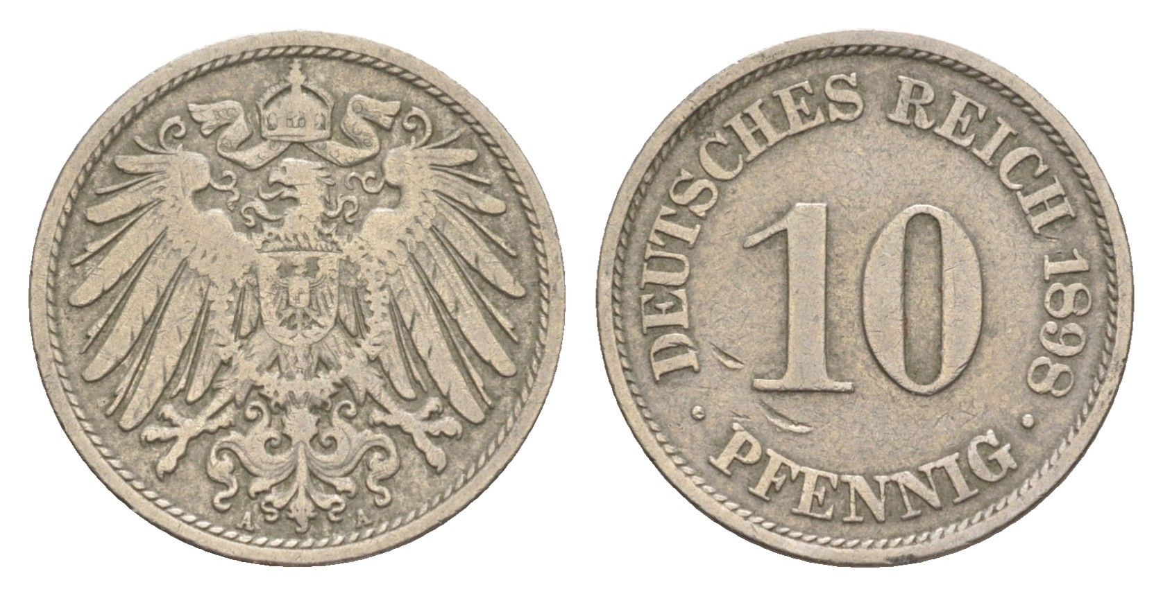 Германия 10 пфеннигов 1898 A, Вильгельм II (1888-1918) KM 12, J. 13 медно-никель 4640-238