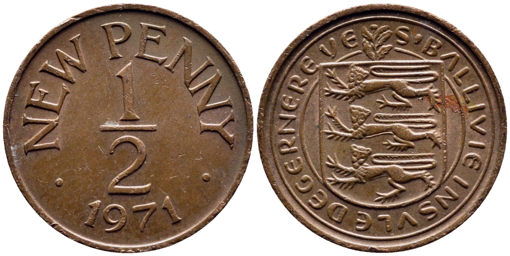 Гернси 1/2 пенни 1971 Елизавета II (1952-2022), герб KM 20 бронза 4387-838