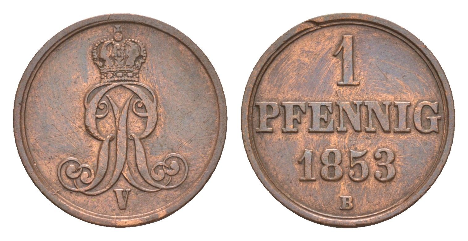 Ганновер 1 пфенниг 1853 B, Георг V (1851-1866) KM 221, AKS 155, J. 83 медь    4658-1056