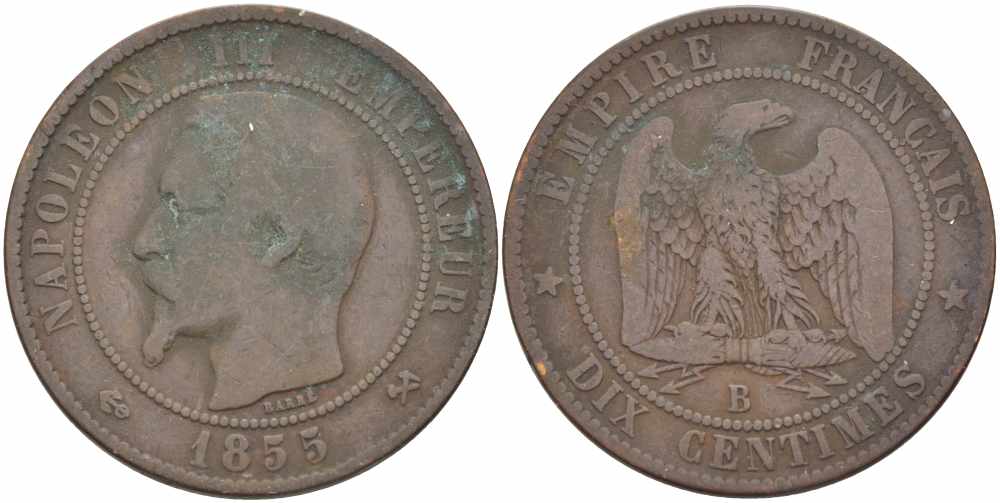 ФРАНЦИЯ 10 САНТИМОВ 1855 B, НАПОЛЕОН III (1852-1870) KM 771.2, LE FRANC 133.21 бронза 38-1026