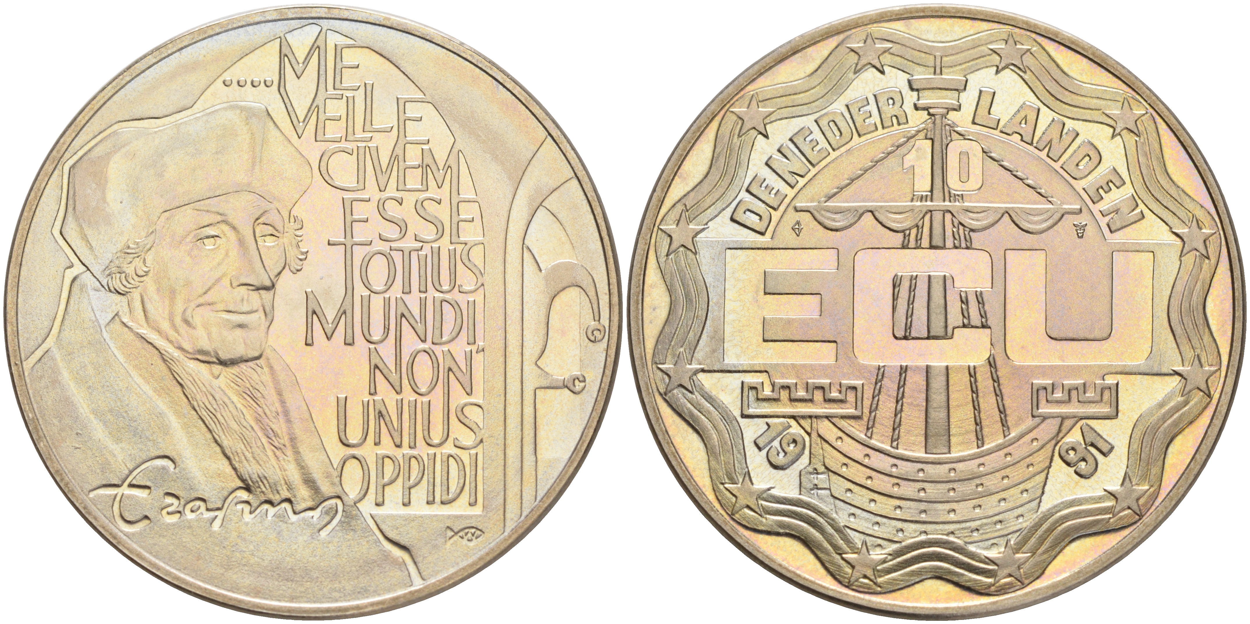 Нидерланды 10 экю 1991 Эразм Роттердамский медно-никель UNC 4552-825