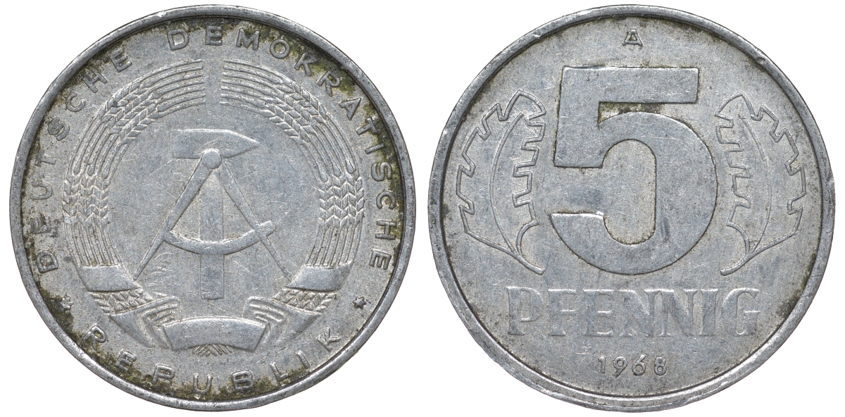 ГДР 5 пфеннигов 1968 A KM 9.1 алюминий 62-213
