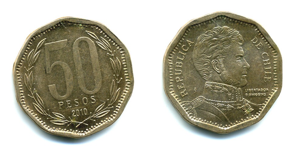 Чили 50 песо 2010 Бернардо О’Хиггинс KM 219.2 алюминиевая бронза 35-645