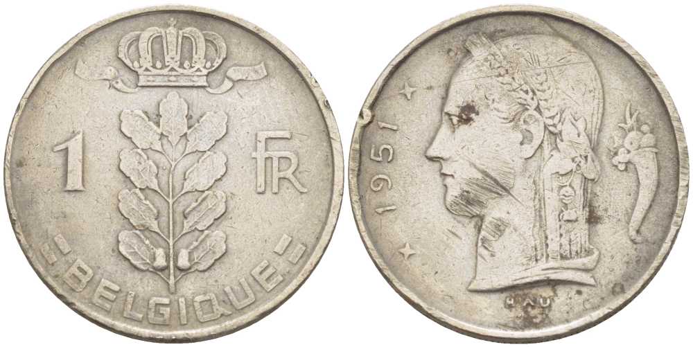 БЕЛЬГИЯ 1 ФРАНК 1951 BELGIQUE, БОДУЭН I (1951-1993) KM 142.1 медно-никель 3856-813
