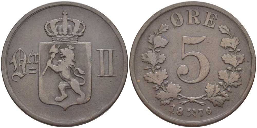 НОРВЕГИЯ 5 ЭРЕ 1876 ШВЕДСКОЕ ПРАВЛЕНИЕ KM 349 бронза 115-815